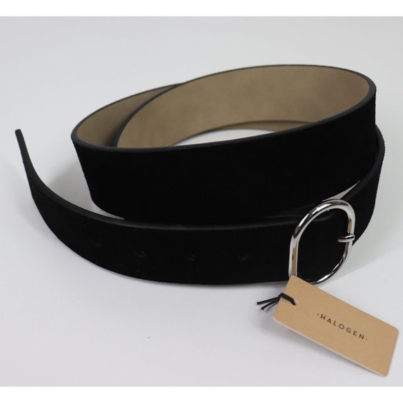 NWT Halogen Oval Buckle Leather Belt Soft Suede Adjustable Black Silver Large - Picture 5 of 7